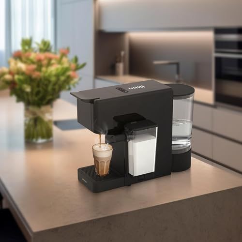 LePresso Crema Pro Black coffee machine with water and milk containers on kitchen countertop, featu…