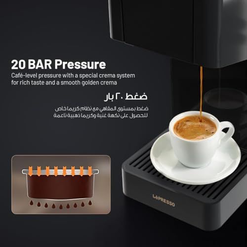 LePresso Crema Pro Black coffee machine with Special Crema System dispensing coffee into a white cu…