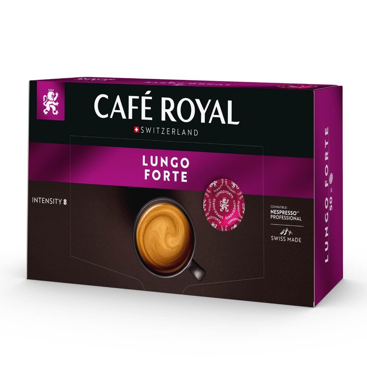 Café Royal Lungo Forte Coffee Pads (50 Pads), Dark Roast, Intensity 8/12, 100% Arabica, Compatible with Nespresso