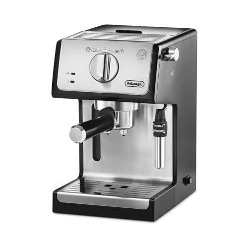 De'Longhi Barista ECP35 Black espresso machine with stainless steel and black accents, featuring a …