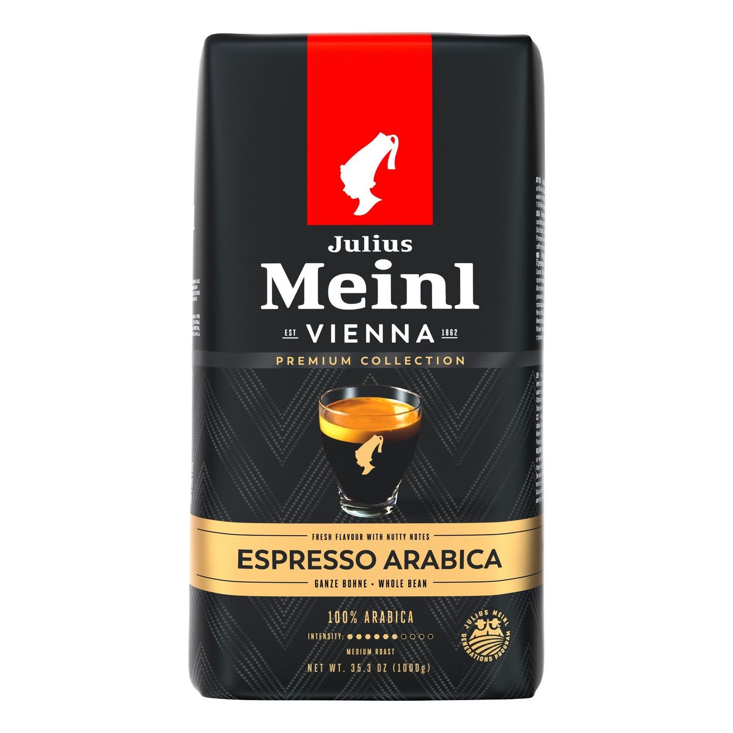 Julius Meinl Espresso Arabica 1kg black bag with gold accents, featuring 100% Arabica whole beans, …