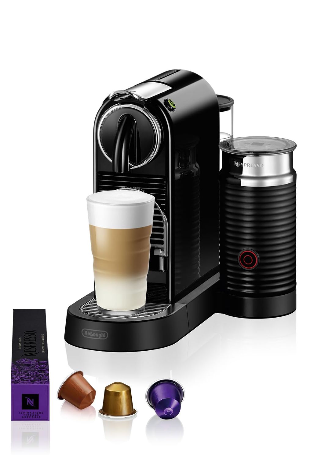 De'Longhi Citiz EN267 Black Nespresso coffee machine with milk frother, cup, and capsules on white …