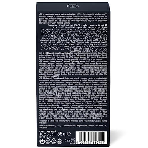 DAVIDOFF Crema Intense Nespresso 10, black box packaging with white text and barcode, 55g, 10 capsu…