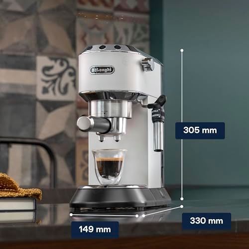 De'Longhi Dedica EC685 White espresso machine with dimensions, silver body, black base, and glass c…