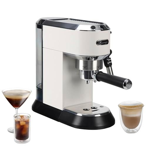 De'Longhi Dedica EC685 White espresso machine with glasses of coffee and espresso on a white backgr…
