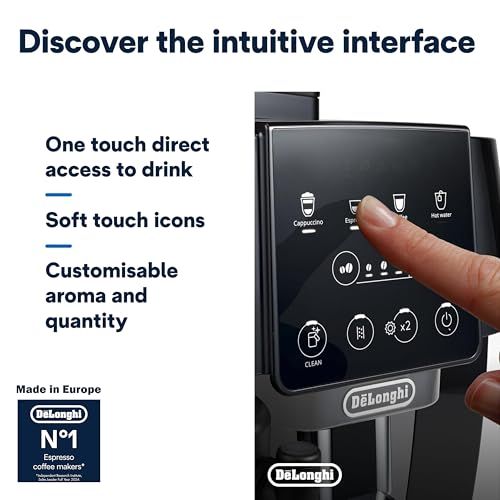 De'Longhi Magnifica Start ECAM222 Black Grey espresso machine with touch screen interface and finge…