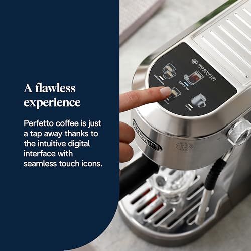 De'Longhi Dedica Duo EC890 Metal espresso machine with digital interface and touch icons, featuring…