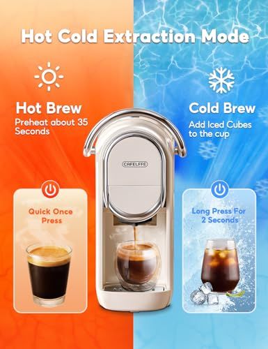 CAFELFFE 3-in-1 Capsule Machine, silver coffee maker with hot and cold brew modes, displaying cups …