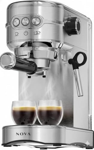 NOVA 20-Bar Espresso Machine, stainless steel, with two cups of espresso, featuring a built-in stea…