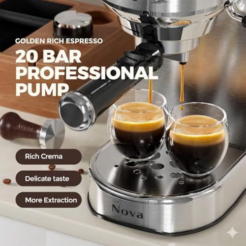 NOVA 20-Bar Espresso Machine with two cups of espresso, stainless steel body, golden crema, and ric…
