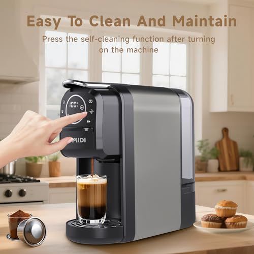 Black 3-in-1 Capsule Machine Smart LED coffee maker with gray panel, LED display, and hand pressing…