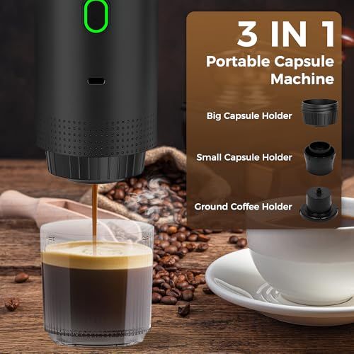 Black 3-in-1 Portable Coffee Machine brewing coffee into a glass cup with big and small capsule and…
