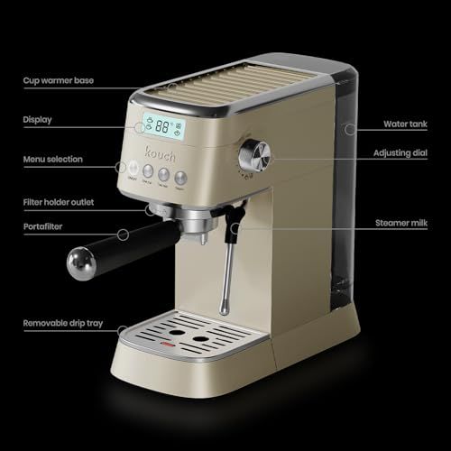 Kouch KEC1984 Espresso machine, tan colored with digital display and stainless steel accents, featu…