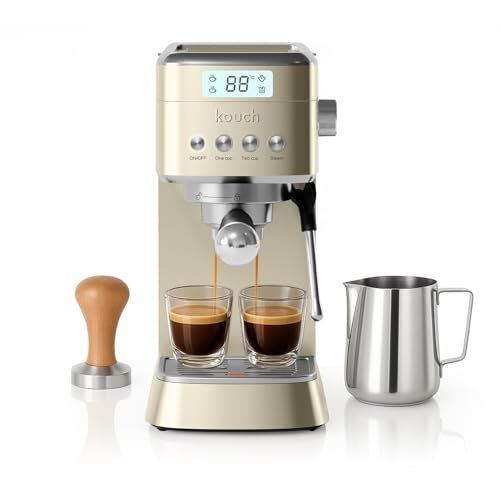 Kouch KEC1984 gold espresso machine with digital display, two glasses of espresso, and metal pitche…