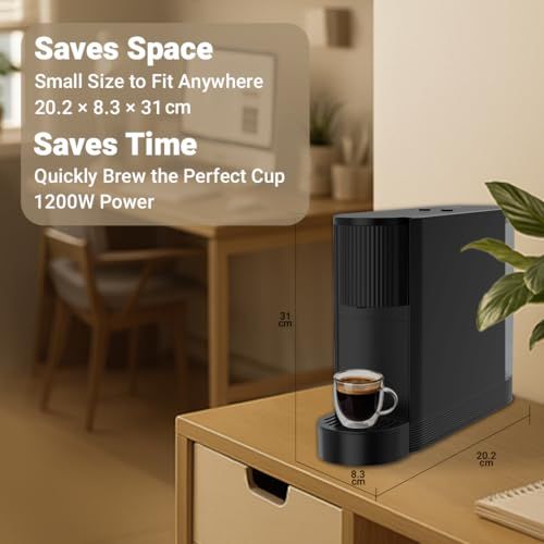 Black LePresso NS Capsule Coffee Machine on a wooden table with a cup of coffee, showcasing coffee …