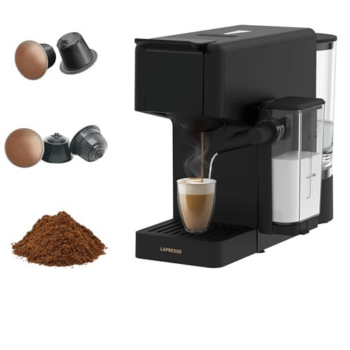LePresso Crema Pro Black coffee machine with cup, capsules, and coffee grounds, featuring Auto Shut…