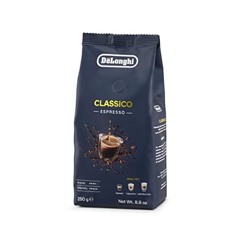 De'Longhi Classico Espresso Beans 250g dark blue bag with white and yellow text, featuring a cup of…