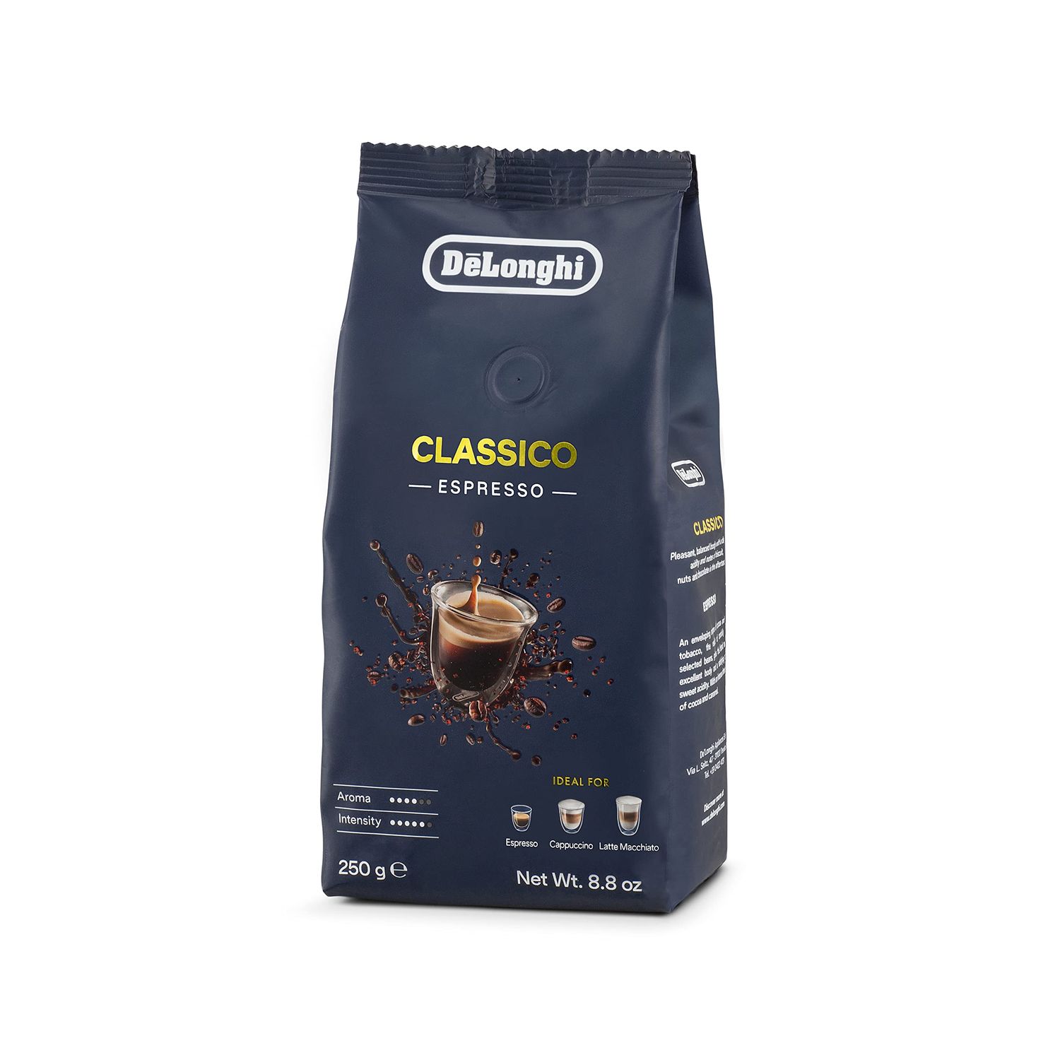 De'Longhi Classico Espresso Beans 250g dark blue bag with white and yellow text, featuring an espre…