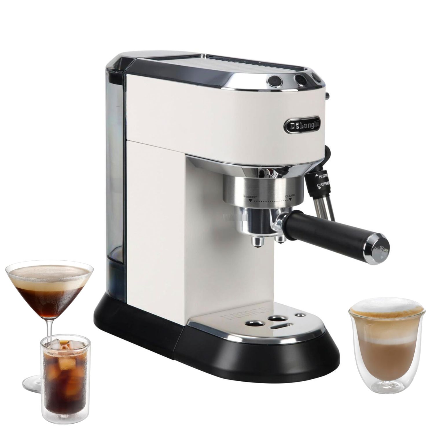 De'Longhi Dedica EC685 White espresso machine with black accents and three coffee drinks, featuring…