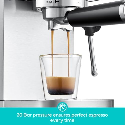 CASABREWS 20 Bar Espresso machine dispensing espresso into a glass, stainless steel body, 20 bar pr…