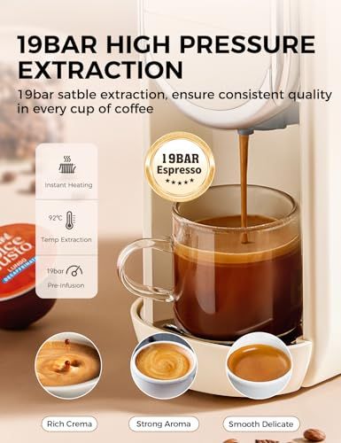 CAFELFFE 3-in-1 Capsule Machine with 19bar high pressure extraction pouring espresso into a glass c…