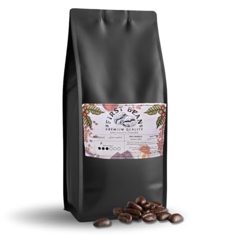 Black bag of First Bean Medium Roast House Blend 1kg coffee with scattered beans, labeled premium q…
