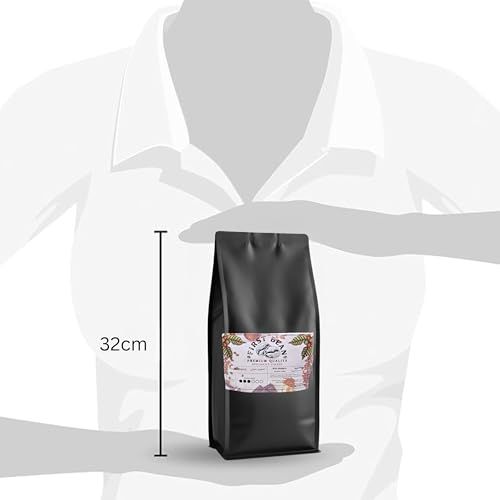 Black bag of First Bean Medium Roast House Blend 1kg, 100% Arabica coffee, standing 32cm tall with …