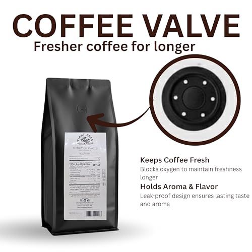 Black bag of First Bean Medium Roast House Blend 1kg coffee with white label and coffee valve for f…