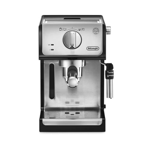 De'Longhi Barista ECP35 Black espresso machine with stainless steel and black design, featuring a c…