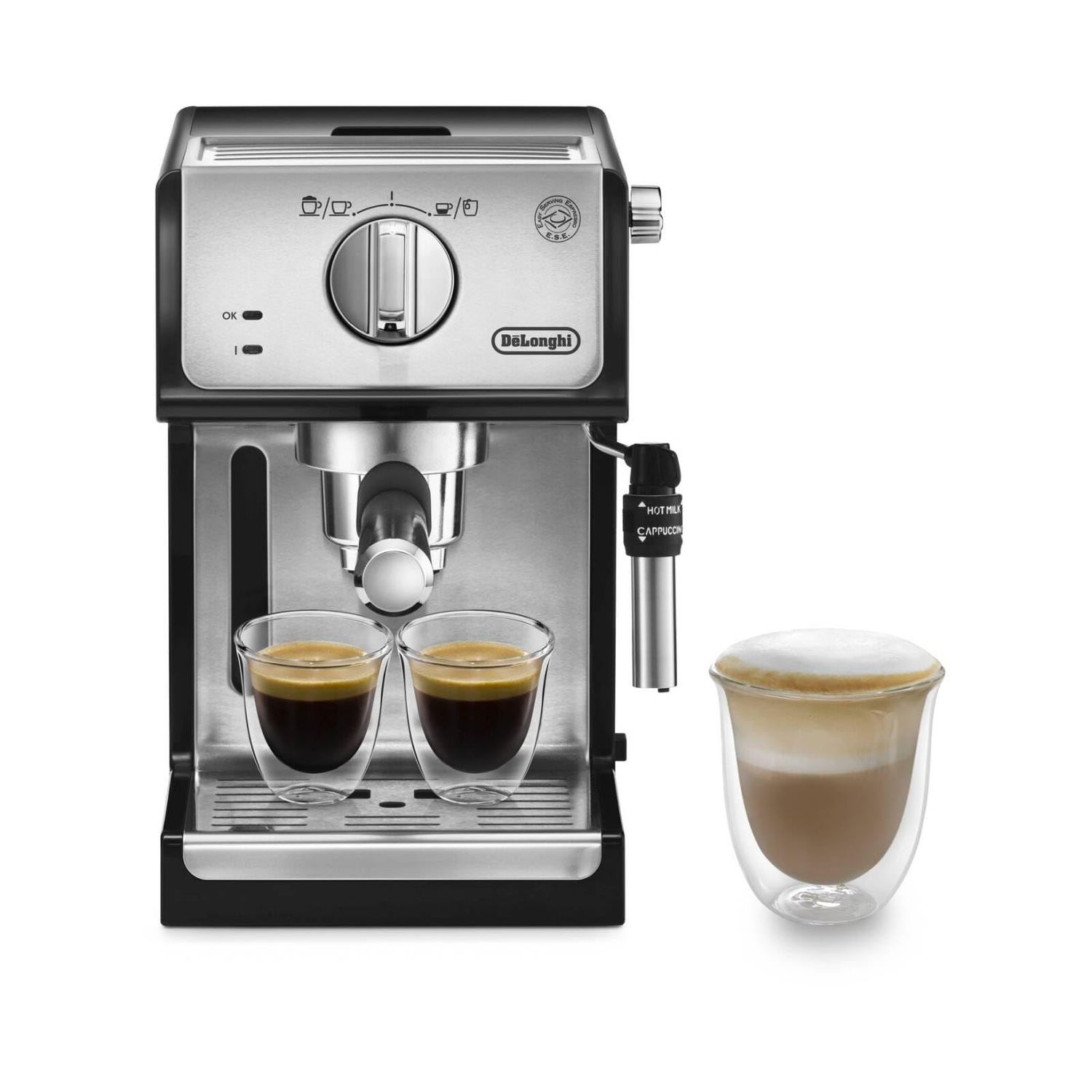 De'Longhi Barista ECP35 Black espresso machine with two cups of coffee and a latte, showcasing stai…
