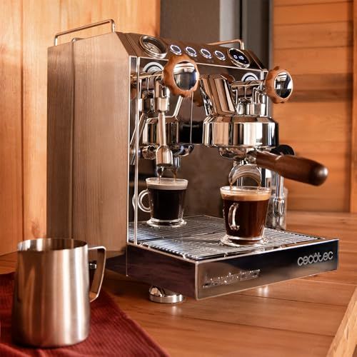 Cecotec Baristeo Classic espresso machine with stainless steel body, two cups of coffee, and metal …