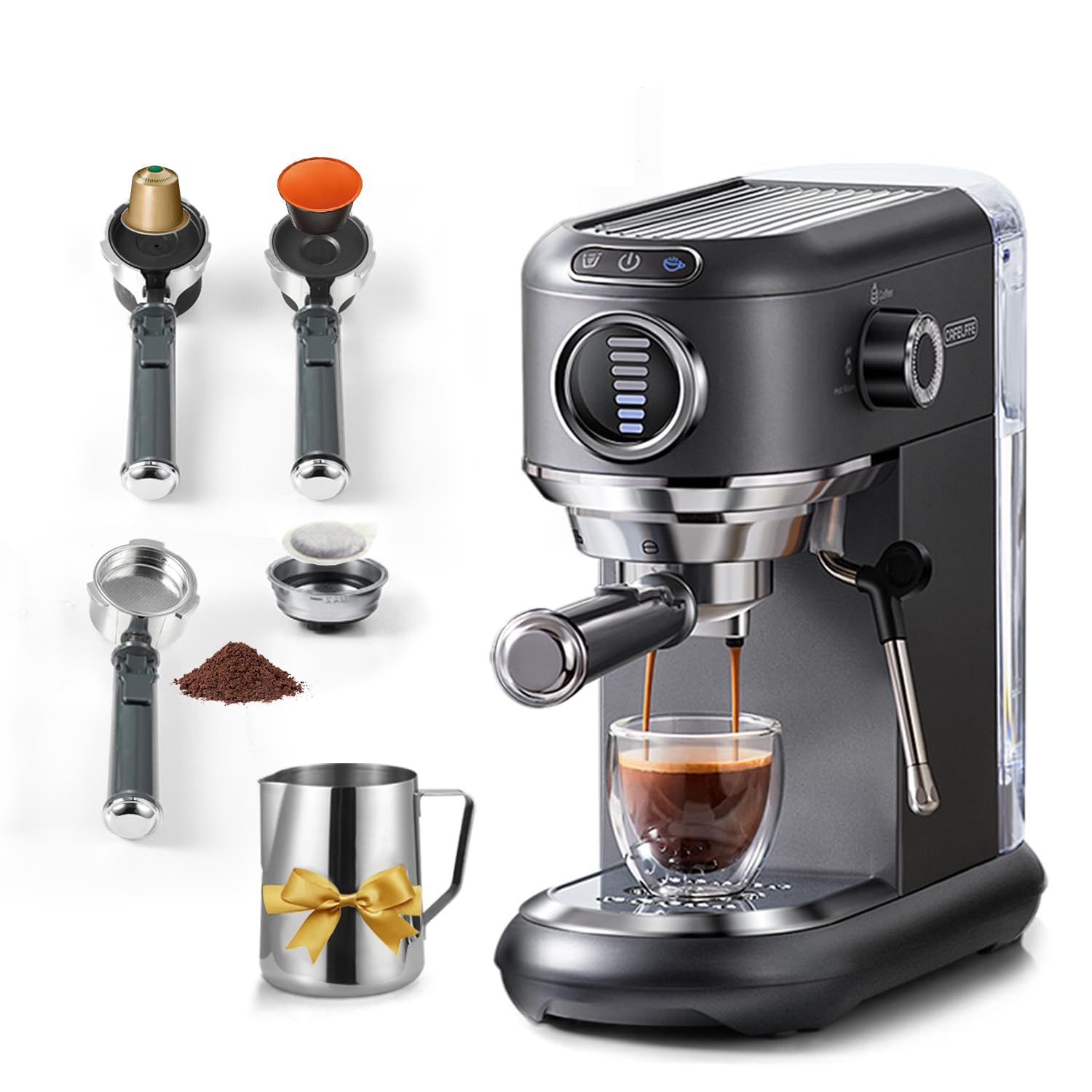 CAFELFFE 4-in-1 Espresso Grey machine with accessories, including a milk frother, coffee grounds, a…