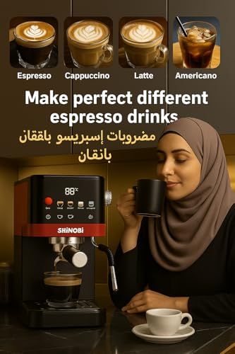 SHINOBI Espresso Coffee Machine with Best Italian Pump, black and red color, digital display, woman…