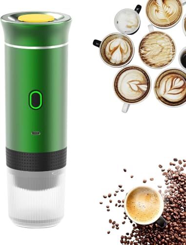 Green portable coffee machine with clear bottom, button and black band, next to coffee cups and bea…