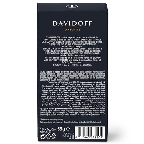 DAVIDOFF Origins Brazil Nespresso 10, black packaging with white text, barcode and product details …
