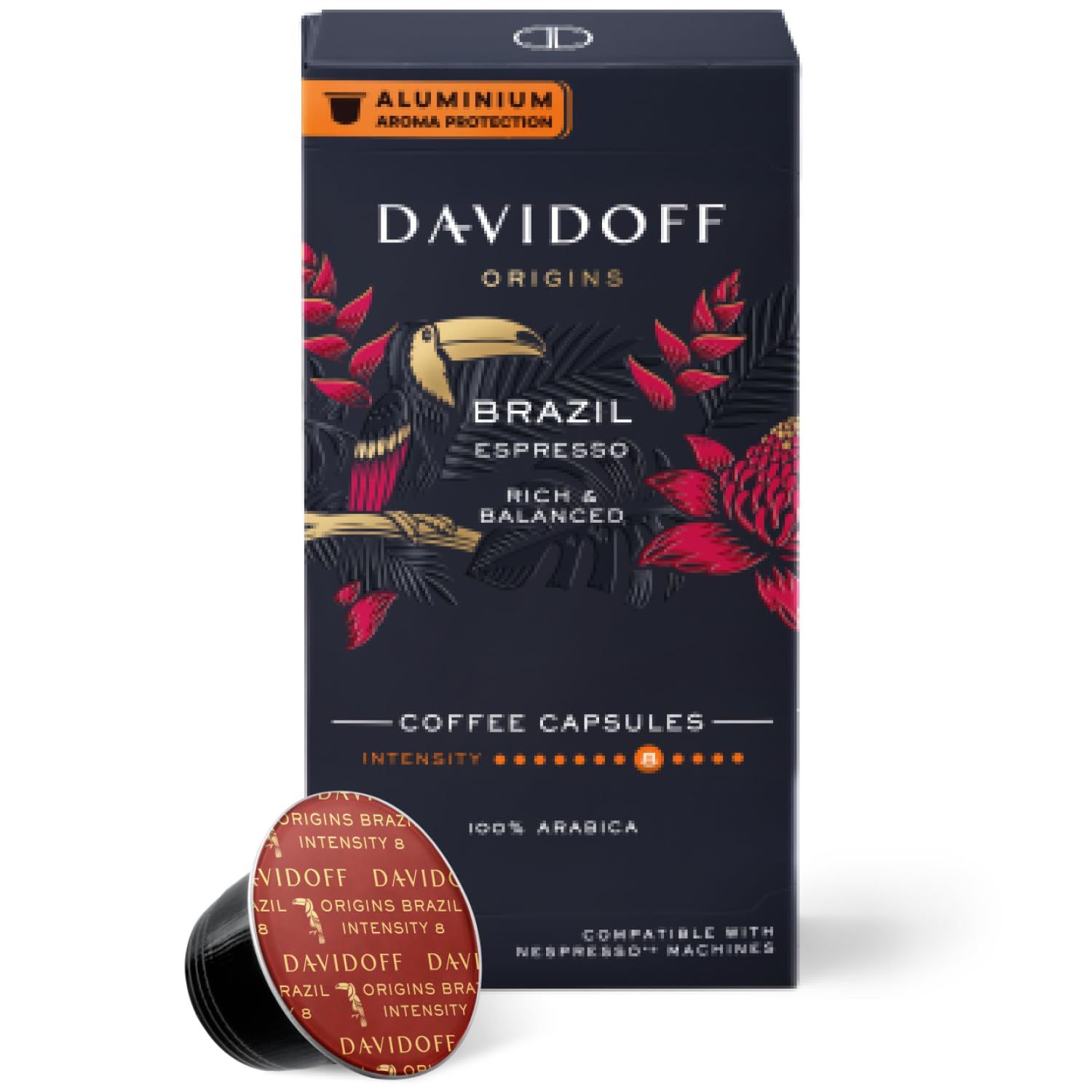 DAVIDOFF Origins Brazil Nespresso 10 coffee capsules box and single capsule, black and red design, …