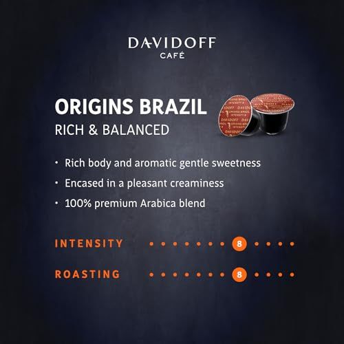 DAVIDOFF Origins Brazil Nespresso 10 coffee capsules, rich brown color, with black base, and white …