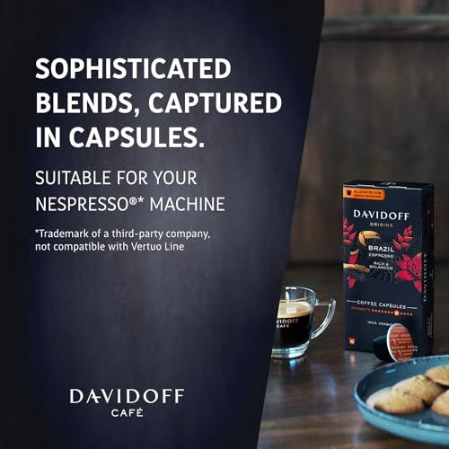 DAVIDOFF Origins Brazil Nespresso 10 coffee capsules box with cookies and espresso on a wooden tabl…