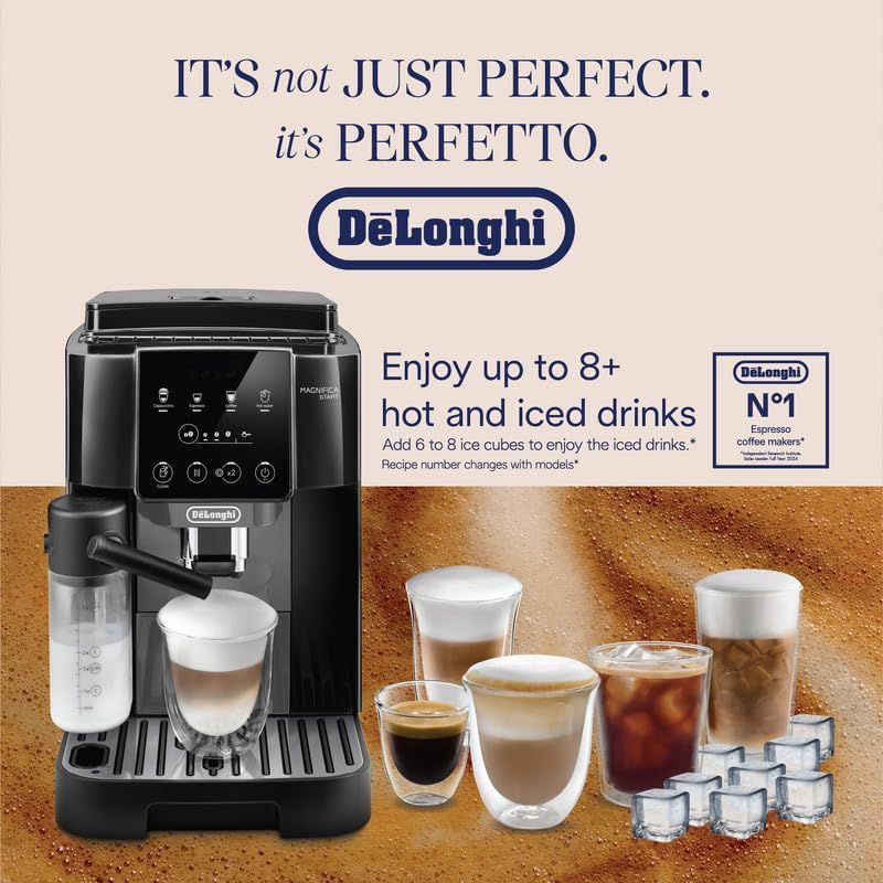 De'Longhi Magnifica Start ECAM222 Black Grey espresso machine with glasses of coffee and ice cubes …