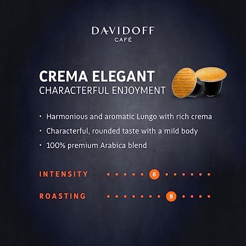 Davidoff Crema Elegant Lungo Nespresso capsules, featuring black and gold coffee pods on dark backg…