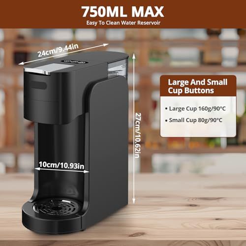 Black 3-in-1 Automatic Capsule Machine, coffee maker with large and small cup buttons, dimensions l…