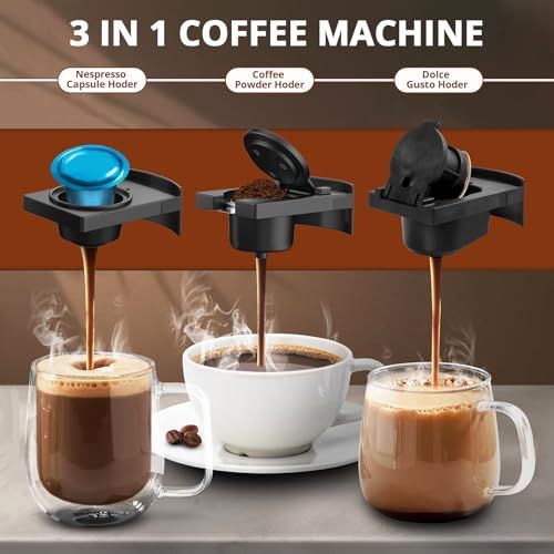 3-in-1 Automatic Capsule Machine Black, three coffee makers with different pods, dispensing coffee …