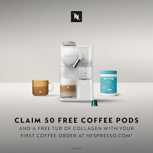 De'Longhi Gran Lattissima EN640 White coffee machine with mug and capsules on table.