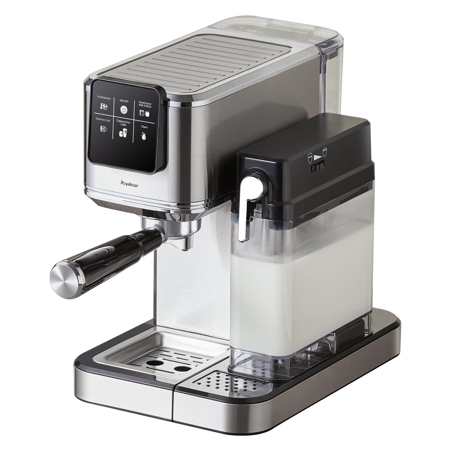 Royalstar 20 Bar Espresso machine, stainless steel and black, with milk frother and clear water tan…