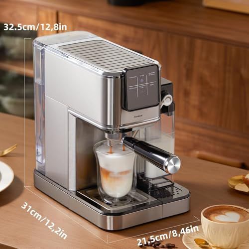 Royalstar 20 Bar Espresso machine, silver, compact design, digital display, with cup and coffee on …