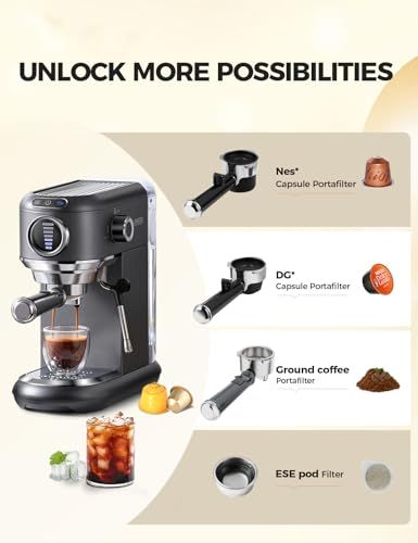 CAFELFFE 4-in-1 Espresso Grey coffee machine with milk frother, Nes*, DG* capsules and ground coffe…