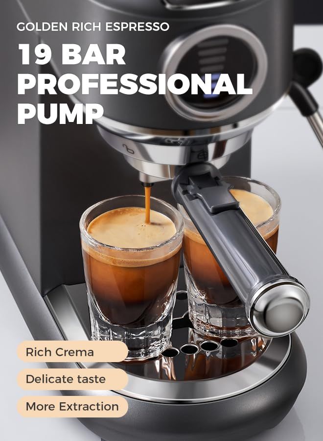 CAFELFFE 4-in-1 Espresso Grey machine dispensing espresso into two glasses with rich crema on a sta…