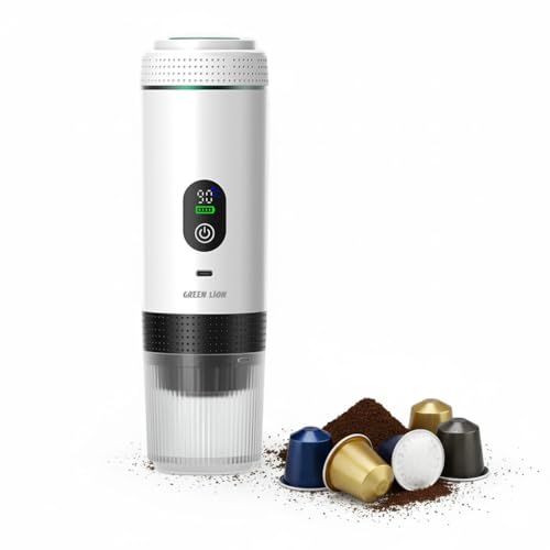 Green Lion Caffex Portable Espresso White machine with coffee pods and grounds on a white backgroun…