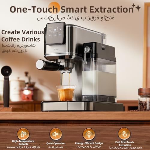 Royalstar 20 Bar Espresso machine, stainless steel and black, dispensing coffee into a cup on a woo…
