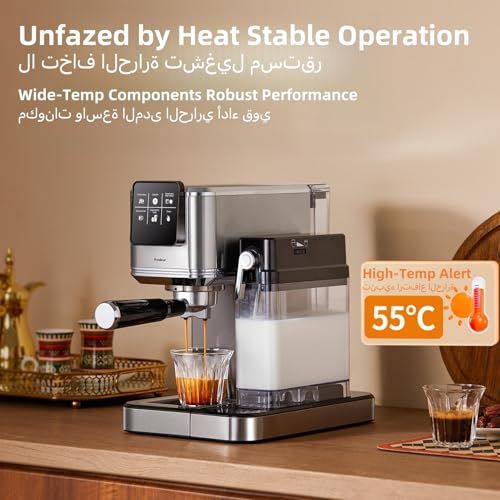 Royalstar 20 Bar Espresso machine on wooden countertop dispensing coffee into glass cup with milk f…